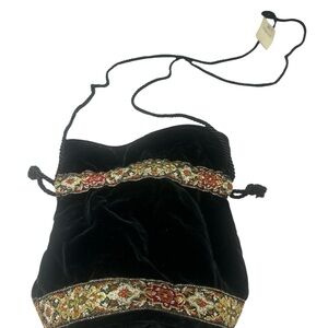 Talbots vintage black velvet drawstrings pouch bag floral trapestry Tim evening